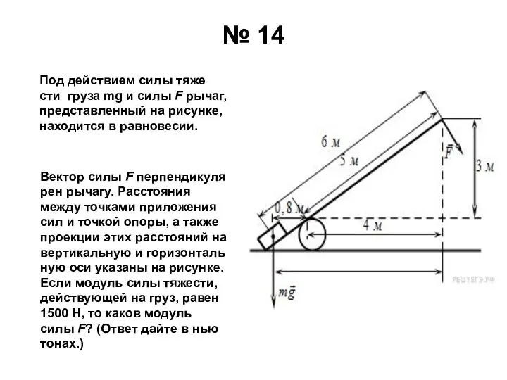 № 14 Под дей­стви­ем силы тя­же­сти груза mg и силы F рычаг,