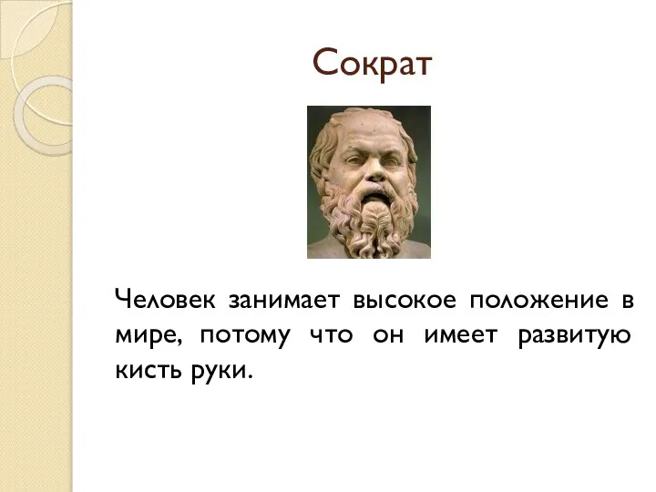 Сократ Человек занимает высокое положение в мире, потому что он имеет развитую кисть руки.