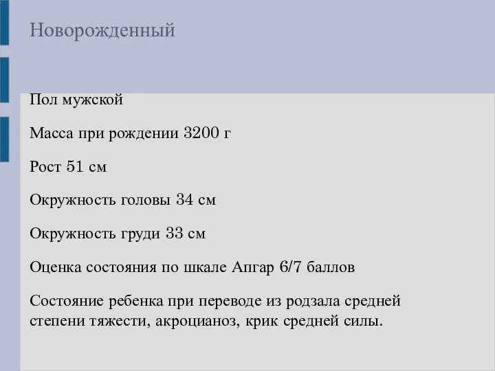 Новорожденный Пол мужской Масса при рождении 3200 г Рост 51 см Окружность