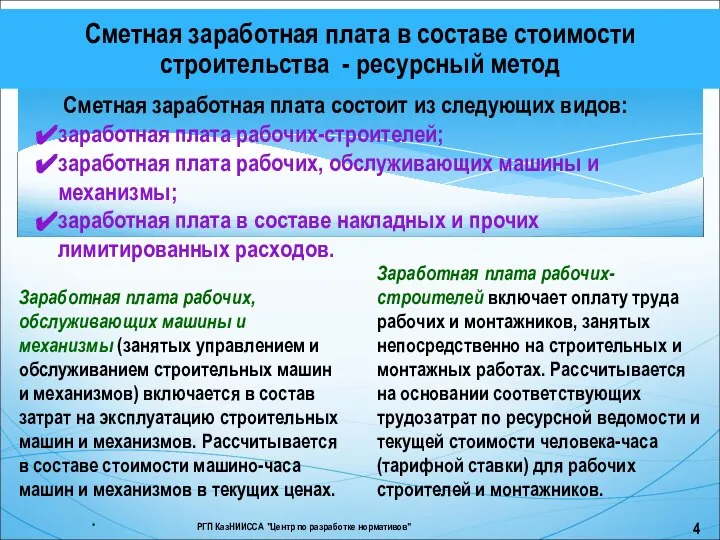 Сметная заработная плата состоит из следующих видов: заработная плата рабочих-строителей; заработная плата