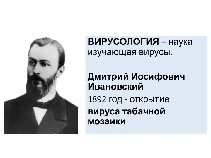 ВИРУСОЛОГИЯ – наука изучающая вирусы. Дмитрий Иосифович Ивановский 1892 год - открытие вируса табачной мозаики