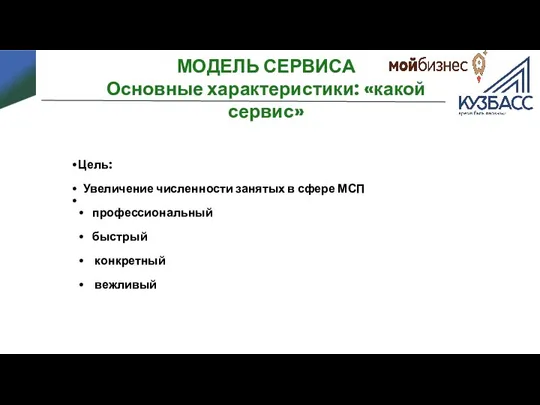 Цель: Увеличение численности занятых в сфере МСП профессиональный быстрый конкретный вежливый МОДЕЛЬ