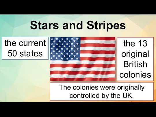 Stars and Stripes the current 50 states the 13 original British colonies