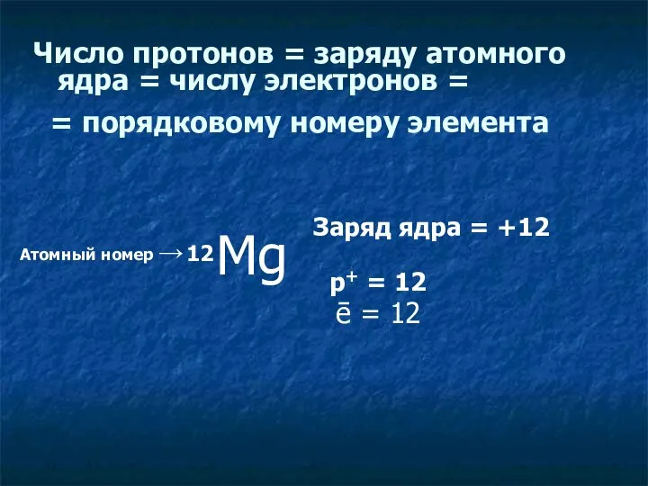 Число протонов = заряду атомного ядра = числу электронов = = порядковому