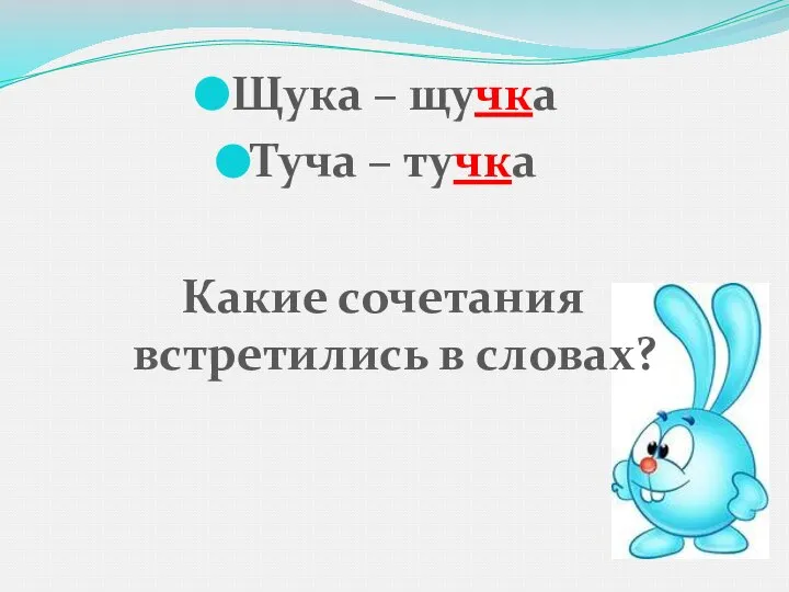 Щука – щучка Туча – тучка Какие сочетания встретились в словах?