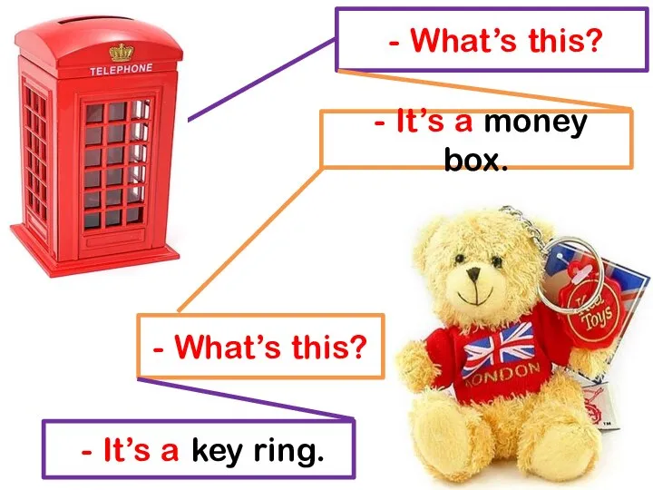 - What’s this? - It’s a money box. - What’s this? - It’s a key ring.