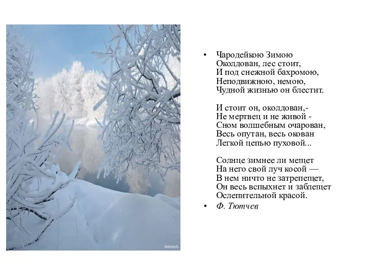 Чародейкою Зимою Околдован, лес стоит, И под снежной бахромою, Неподвижною, немою, Чудной