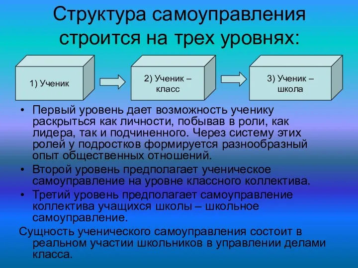 Структура самоуправления строится на трех уровнях: Первый уровень дает возможность ученику раскрыться