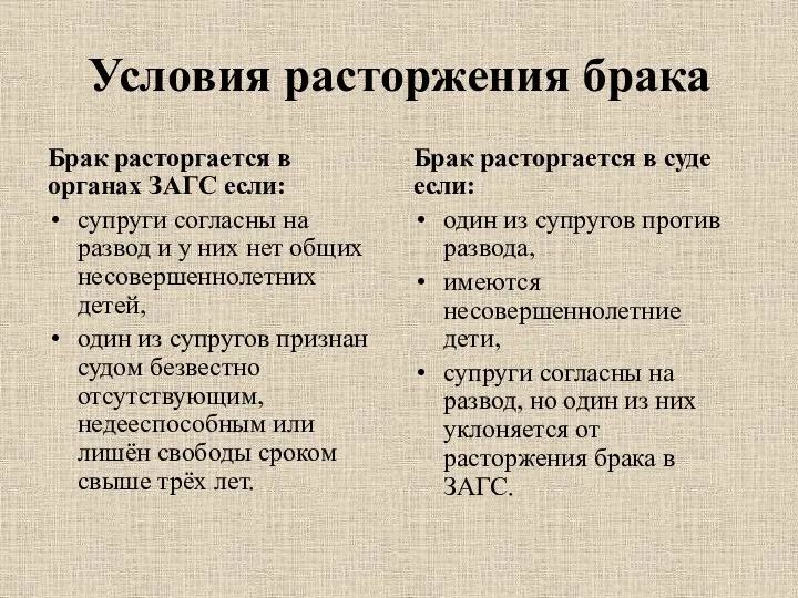 Условия расторжения брака Брак расторгается в органах ЗАГС если: супруги согласны на