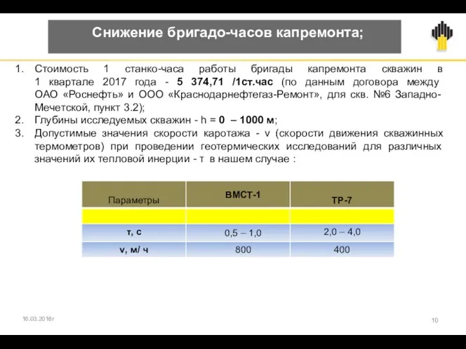 Снижение бригадо-часов капремонта; 16.03.2018г Стоимость 1 станко-часа работы бригады капремонта скважин в