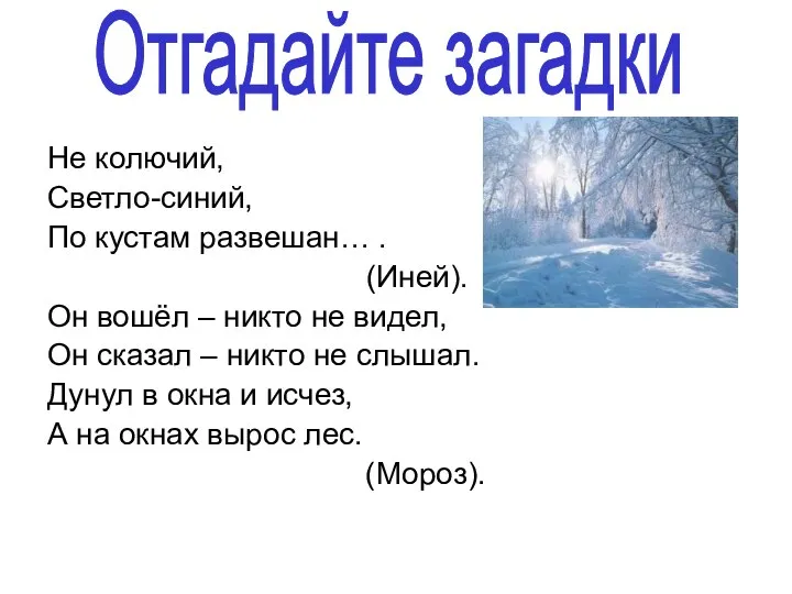 Не колючий, Светло-синий, По кустам развешан… . (Иней). Он вошёл – никто