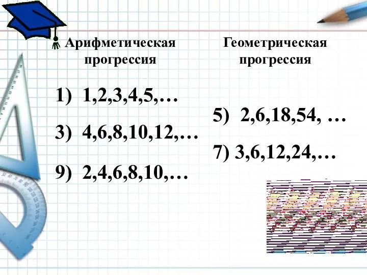 1) 1,2,3,4,5,… 3) 4,6,8,10,12,… 9) 2,4,6,8,10,… 5) 2,6,18,54, … 7) 3,6,12,24,… Арифметическая прогрессия Геометрическая прогрессия