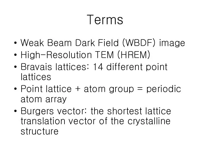 Terms Weak Beam Dark Field (WBDF) image High-Resolution TEM (HREM) Bravais lattices: