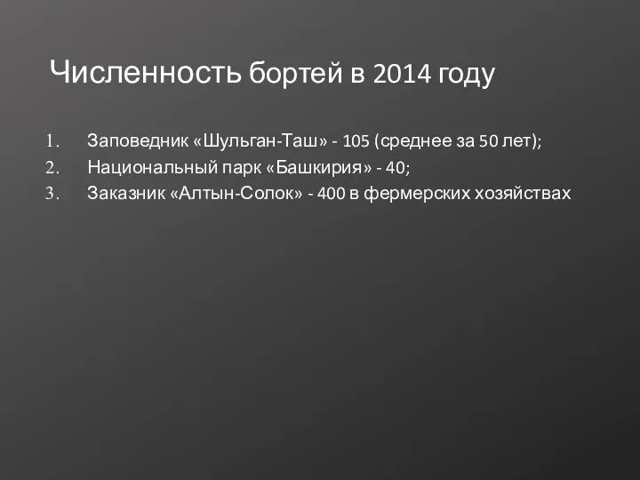 Численность бортей в 2014 году Заповедник «Шульган-Таш» - 105 (среднее за 50