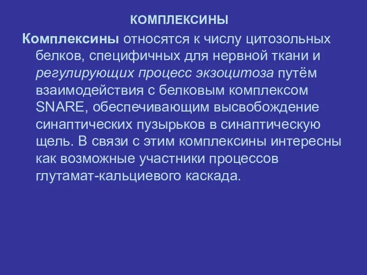 КОМПЛЕКСИНЫ Комплексины относятся к числу цитозольных белков, специфичных для нервной ткани и