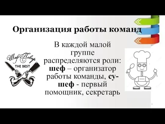 Организация работы команд В каждой малой группе распределяются роли: шеф – организатор