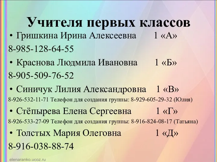 Учителя первых классов Гришкина Ирина Алексеевна 1 «А» 8-985-128-64-55 Краснова Людмила Ивановна