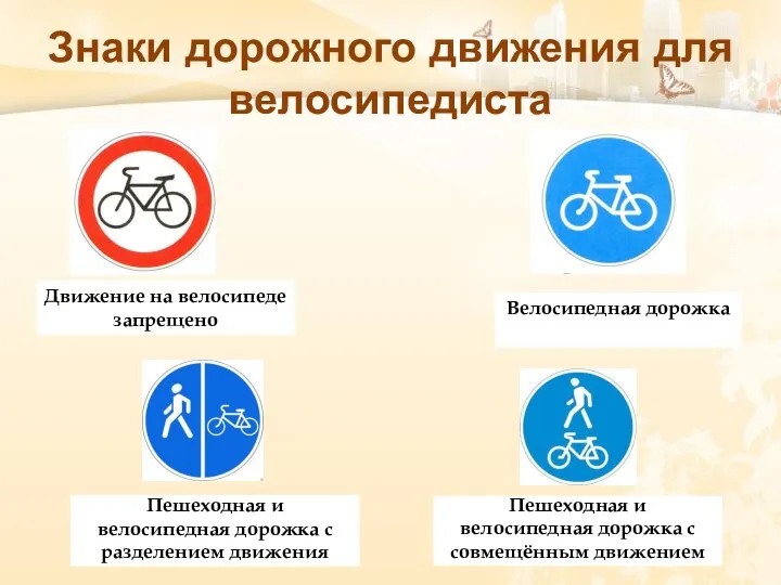 Движение на велосипеде запрещено Велосипедная дорожка Пешеходная и велосипедная дорожка с разделением