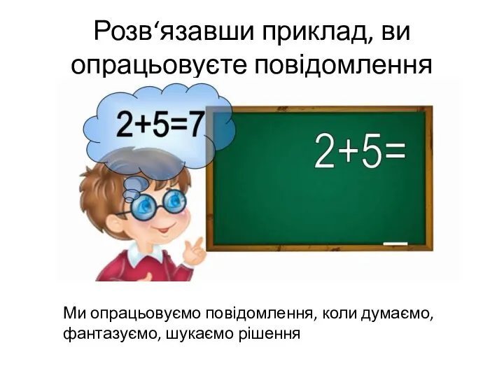 Розв‘язавши приклад, ви опрацьовуєте повідомлення Ми опрацьовуємо повідомлення, коли думаємо, фантазуємо, шукаємо рішення