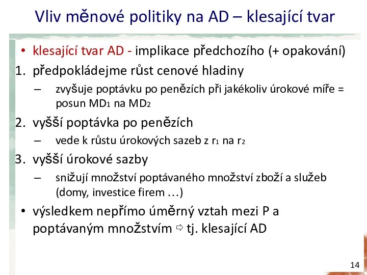 Vliv měnové politiky na AD – klesající tvar klesající tvar AD -