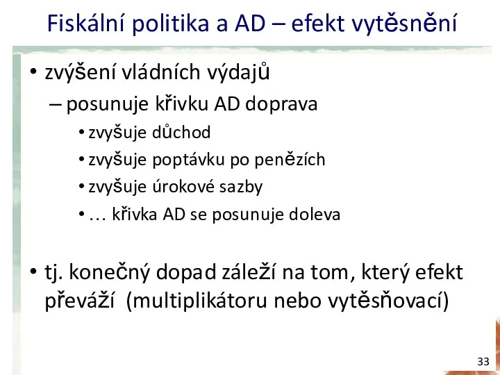 Fiskální politika a AD – efekt vytěsnění zvýšení vládních výdajů posunuje křivku