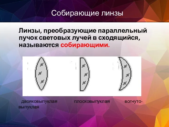 Собирающие линзы Линзы, преобразующие параллельный пучок световых лучей в сходящийся, называются собирающими.