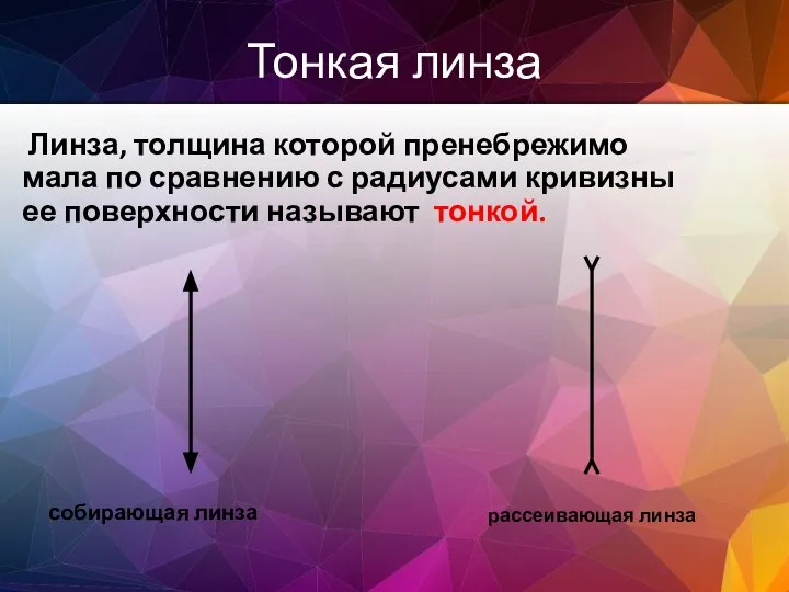 Тонкая линза Линза, толщина которой пренебрежимо мала по сравнению с радиусами кривизны ее поверхности называют тонкой.