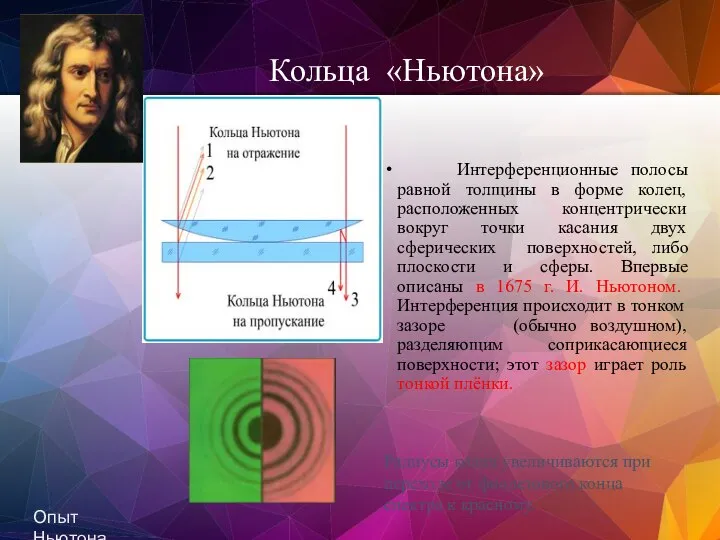 Кольца «Ньютона» Интерференционные полосы равной толщины в форме колец, расположенных концентрически вокруг