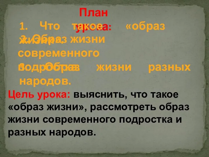 План урока: 1. Что такое «образ жизни». 2. Образ жизни современного подростка.