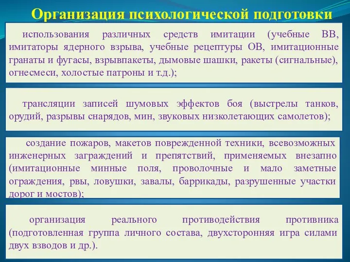 Организация психологической подготовки создание пожаров, макетов поврежденной техники, всевозможных инженерных заграждений и