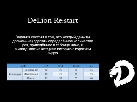 DeLion Re:start Задания состоят в том, что каждый день ты должен(-на) сделать