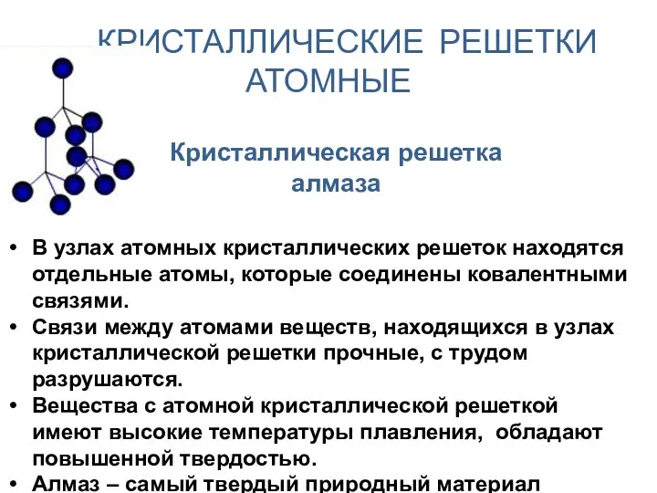 КРИСТАЛЛИЧЕСКИЕ РЕШЕТКИ АТОМНЫЕ В узлах атомных кристаллических решеток находятся отдельные атомы, которые