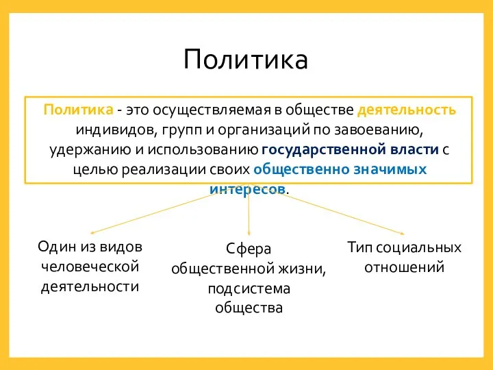 Политика Политика - это осуществляемая в обществе деятельность индивидов, групп и организаций