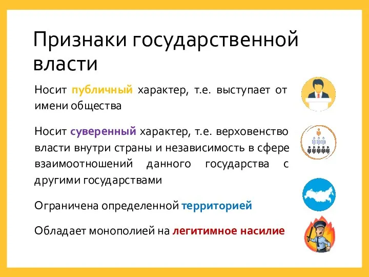 Признаки государственной власти Носит публичный характер, т.е. выступает от имени общества Носит