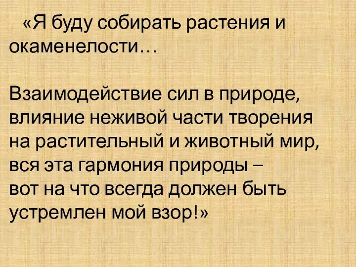 «Я буду собирать растения и окаменелости… Взаимодействие сил в природе, влияние неживой