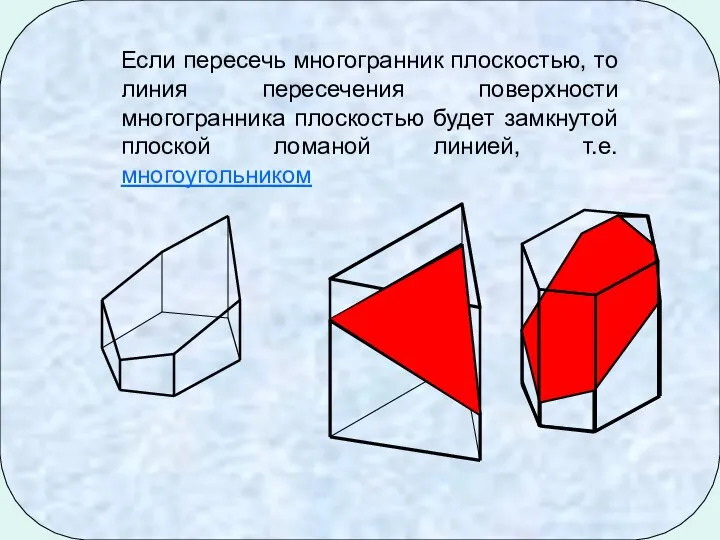 Если пересечь многогранник плоскостью, то линия пересечения поверхности многогранника плоскостью будет замкнутой