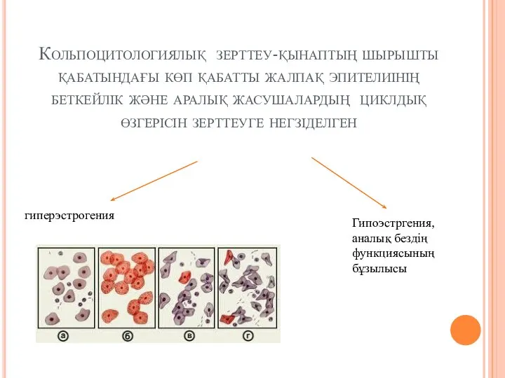 Кольпоцитологиялық зерттеу-қынаптың шырышты қабатындағы көп қабатты жалпақ эпителиінің беткейлік және аралық жасушалардың