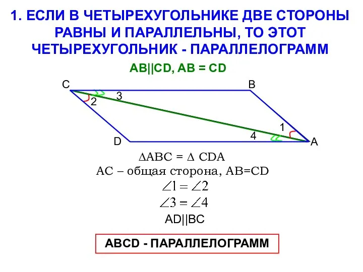 1. ЕСЛИ В ЧЕТЫРЕХУГОЛЬНИКЕ ДВЕ СТОРОНЫ РАВНЫ И ПАРАЛЛЕЛЬНЫ, ТО ЭТОТ ЧЕТЫРЕХУГОЛЬНИК