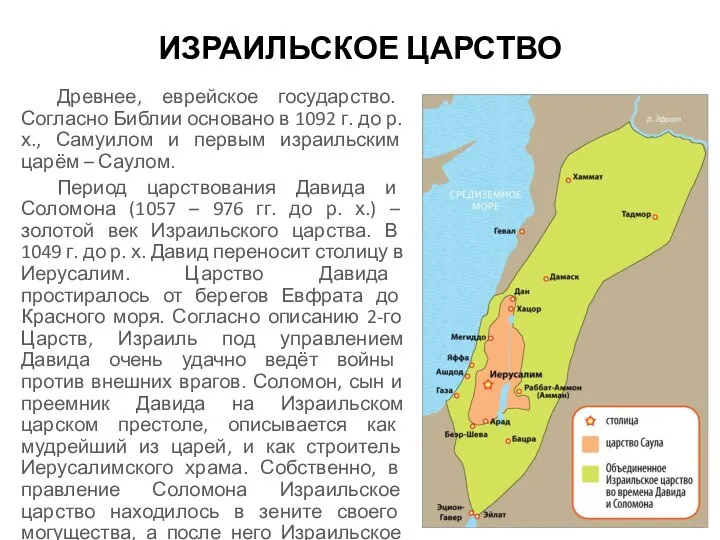 ИЗРАИЛЬСКОЕ ЦАРСТВО Древнее, еврейское государство. Согласно Библии основано в 1092 г. до