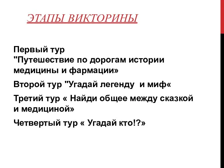 ЭТАПЫ ВИКТОРИНЫ Первый тур "Путешествие по дорогам истории медицины и фармации» Второй