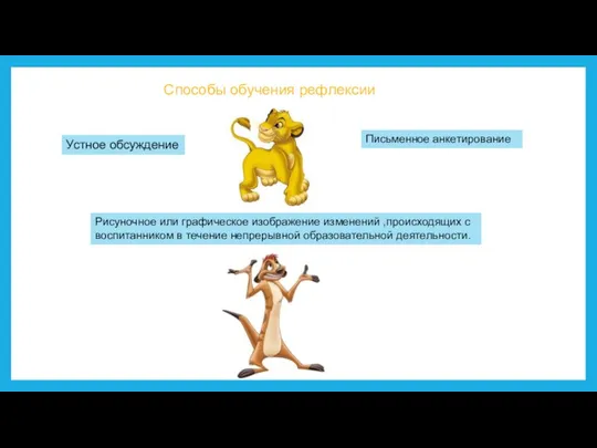 Письменное анкетирование Способы обучения рефлексии Устное обсуждение Рисуночное или графическое изображение изменений