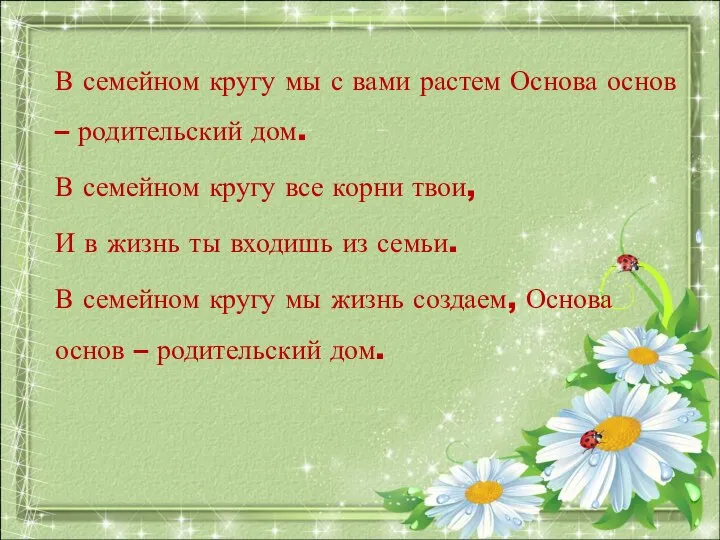 В семейном кругу мы с вами растем Основа основ – родительский дом.