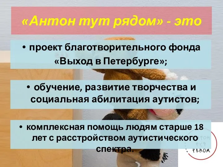 «Антон тут рядом» - это проект благотворительного фонда «Выход в Петербурге»; обучение,