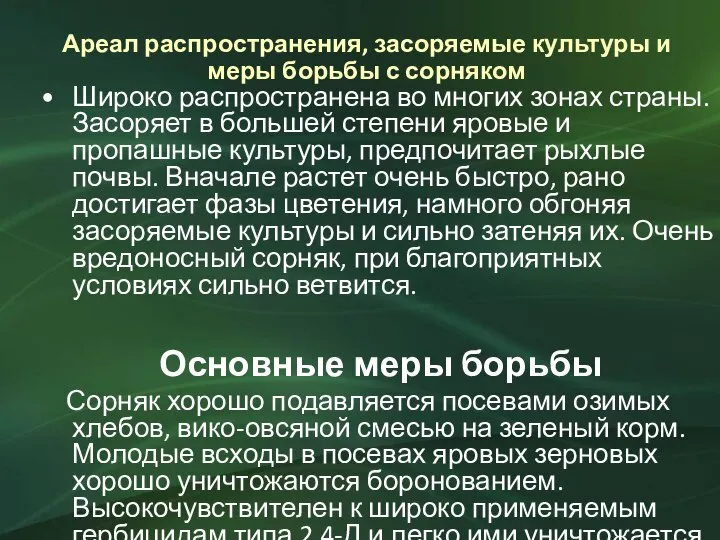 Ареал распространения, засоряемые культуры и меры борьбы с сорняком Широко распространена во