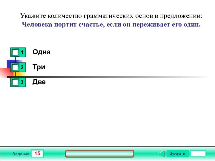 15 Задание Укажите количество грамматических основ в предложении: Человека портит счастье, если