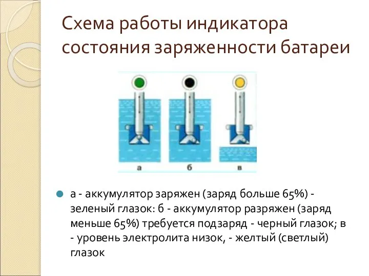Схема работы индикатора состояния заряженности батареи а - аккумулятор заряжен (заряд больше