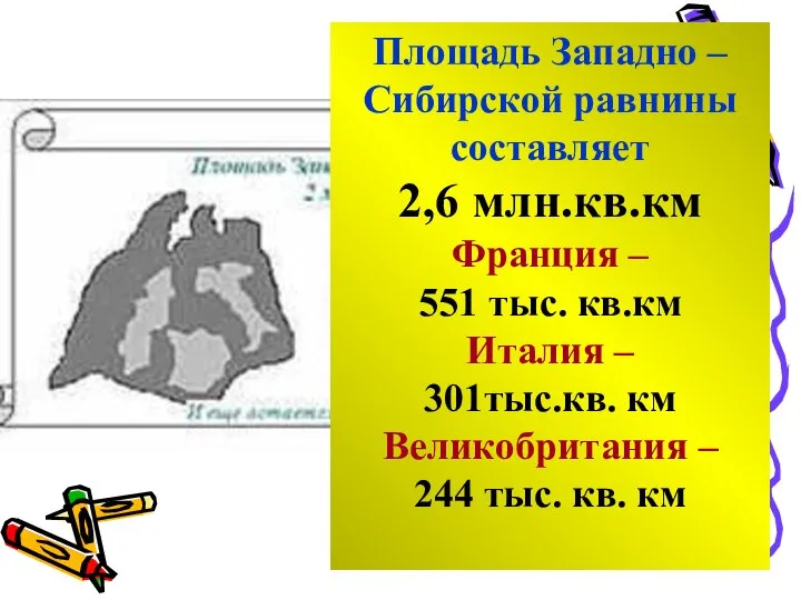 Площадь Западно – Сибирской равнины составляет 2,6 млн.кв.км Франция – 551 тыс.