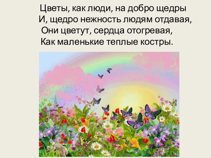 Цветы, как люди, на добро щедры И, щедро нежность людям отдавая, Они