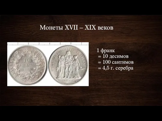 Монеты XVII – XIX веков 1 франк = 10 десимов = 100
