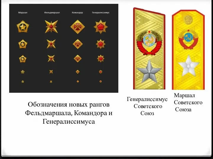 Обозначения новых рангов Фельдмаршала, Командора и Генералиссимуса Маршал Советского Союза Генералиссимус Советского Союз